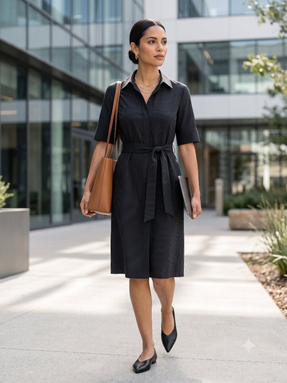 Theory Black Pinstripe Short Sleeve Belted Shirt Dress Size 4